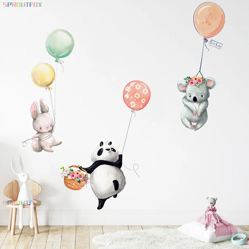 Cute Animal Panda Rabbit Koala with Ballon Bedroom Wall Stickers for Kids Rooms Nursery Home Decoration Kawaii Wall Decals