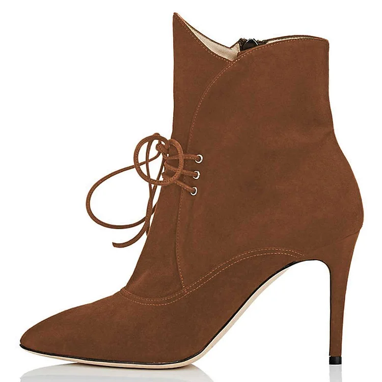 Tan Lace Up Boots Pointy Toe Stiletto Heel Ankle Boots |FSJ Shoes