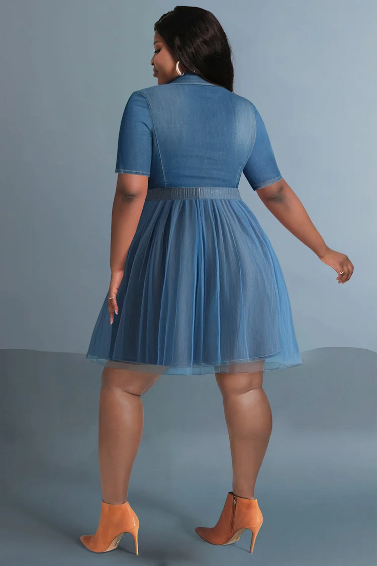 Xpluswear Design Plus Size Daily Blue Shirt Collar Short Sleeve Contrast Tulle Tencel Denim Mini Dresses