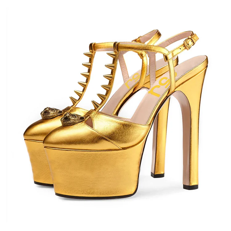 Golden Rivets T-Strap Platform Heels Super High Heel Slingback Shoes |FSJ Shoes