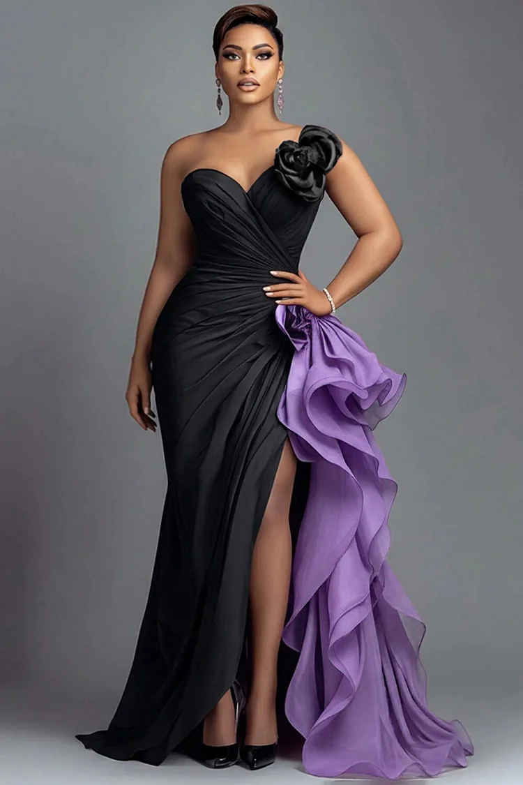 Xpluswear Design Plus Size Formal Organza Black Colorblock Oblique Collar Cap Sleeve Split Ruffle Satin Maxi Dresses [Pre-Order] 2024 - Xpluswear