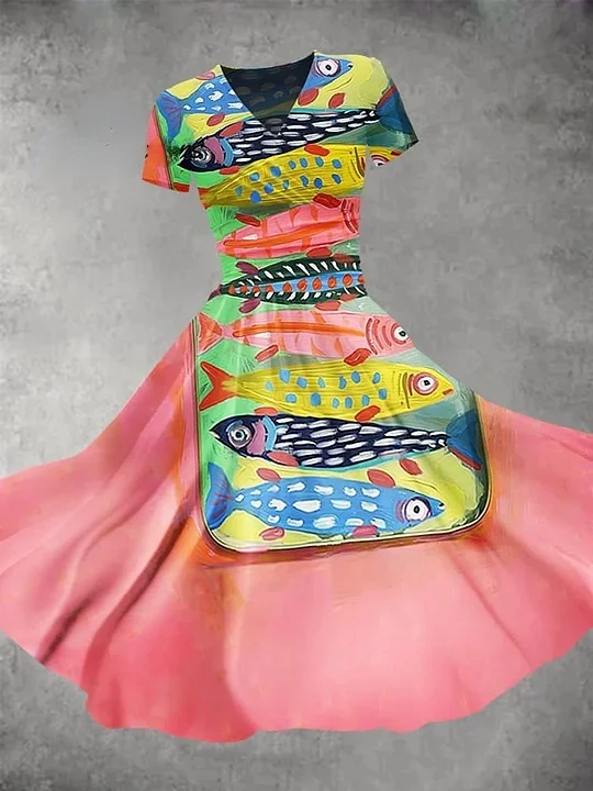 Women's Vintage Fish Art Print Maxi Dress