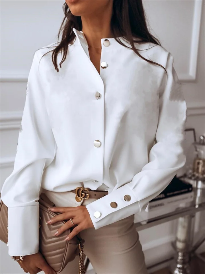 Women's Temperament Commuter Solid Color Fashion Long-sleeved Shirt White Shirt V-neck Stand-up Collar Single Row Multi-button Blouse