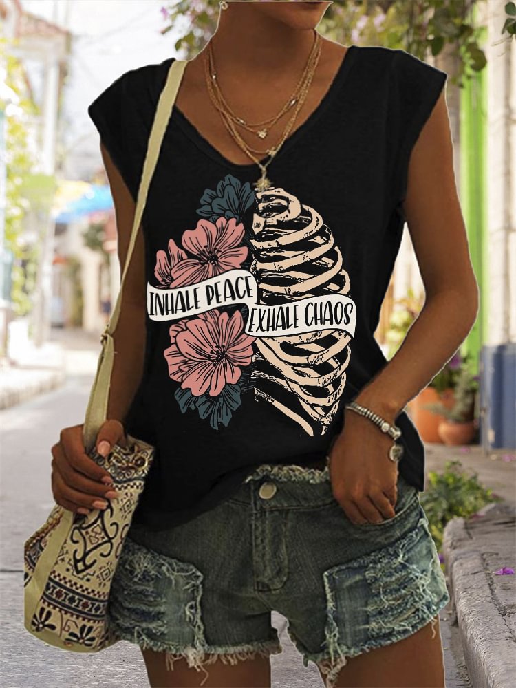 Inhale Peace Exhale Chaos Floral Skeleton Tank Top