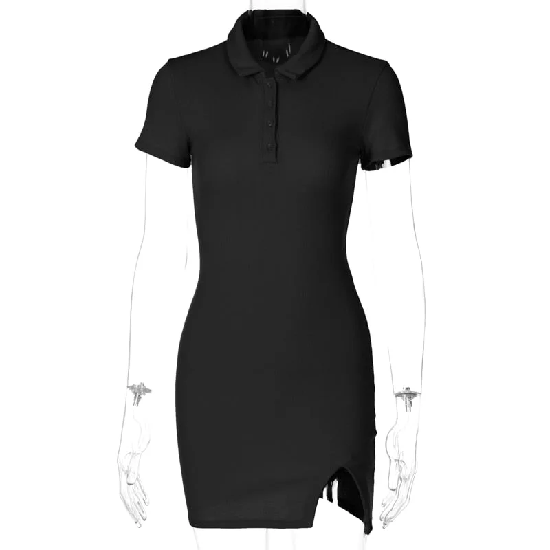 Dulzura Ribbed Knitted Women Short Sleeve Mini Dress Turn Down Collar Buttons Slit Bodycon Sexy Party Club Casual 2021 Summer