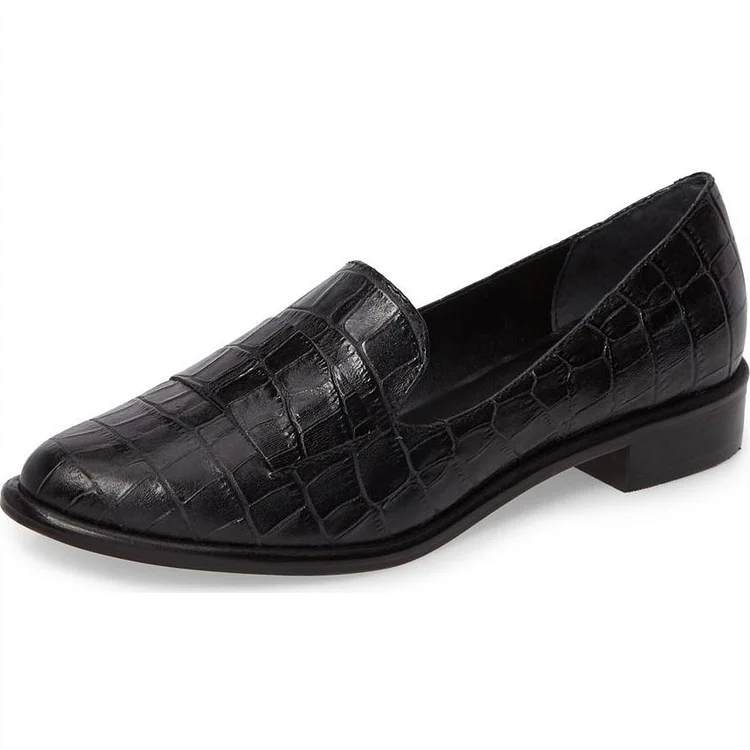 Black Bamboo Croco Pattern Heel Almond Toe Loafers for Women |FSJ Shoes