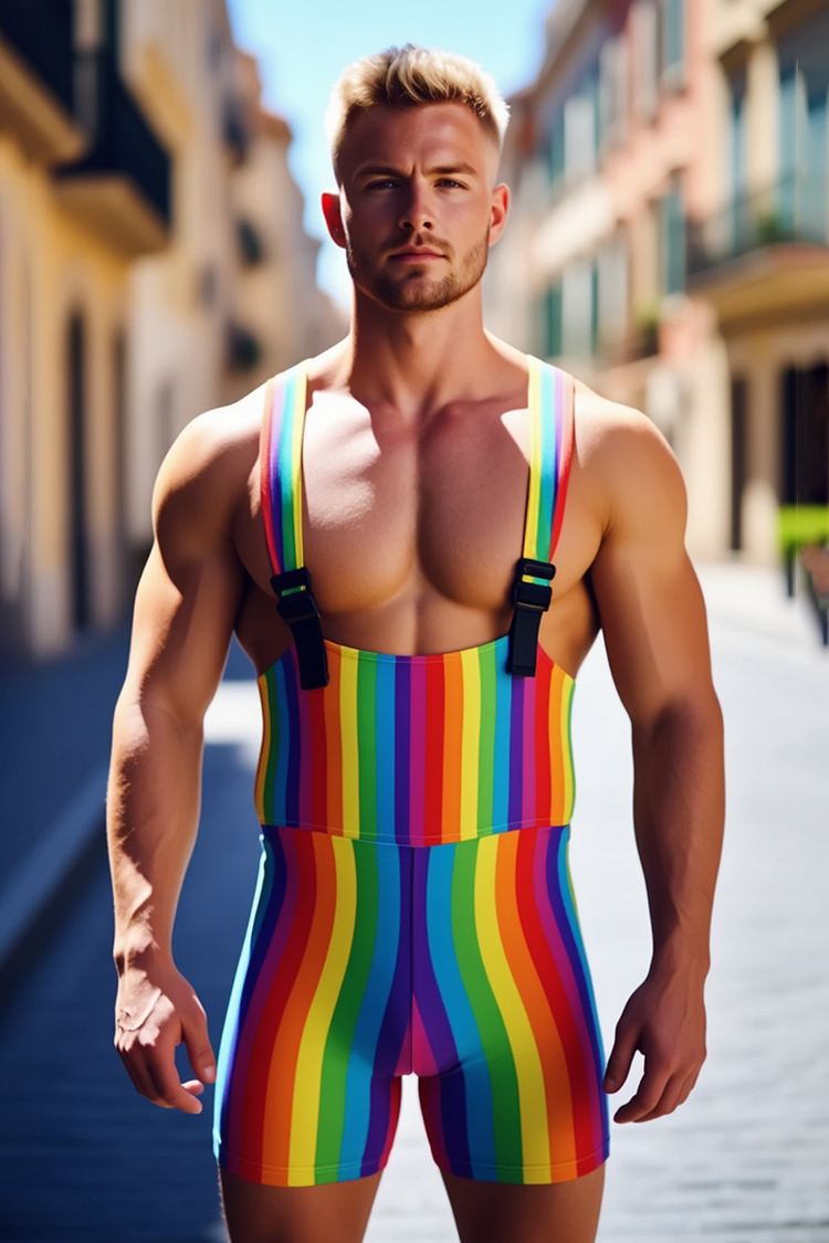 Men's Rainbow Stripe Tight Fit Pride Overalls Romper [Pre-Order]