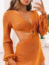 Sexy Hollow Backless V-Neck Bandage Long Sleeves A-Line Mini Dress 