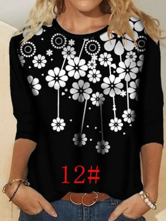 Women Long Sleeve Scoop Neck Floral Printed Graphic Top