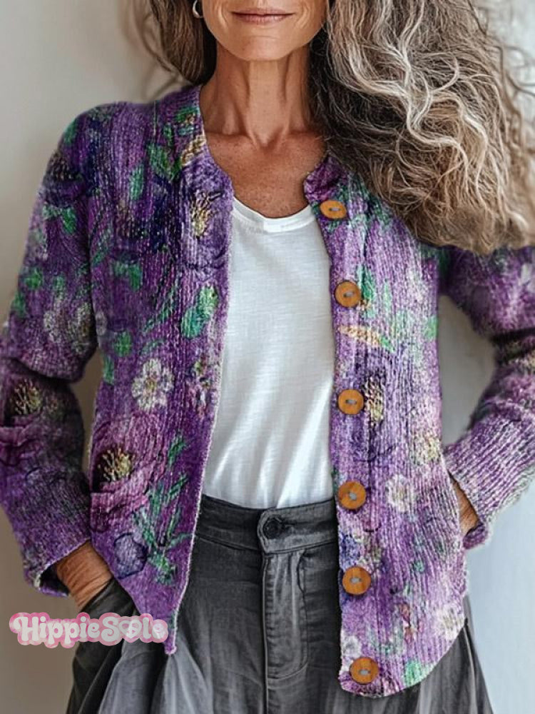 Women’s Floral Botanical Art Print Button Cardigan Sweater Multicolor / S