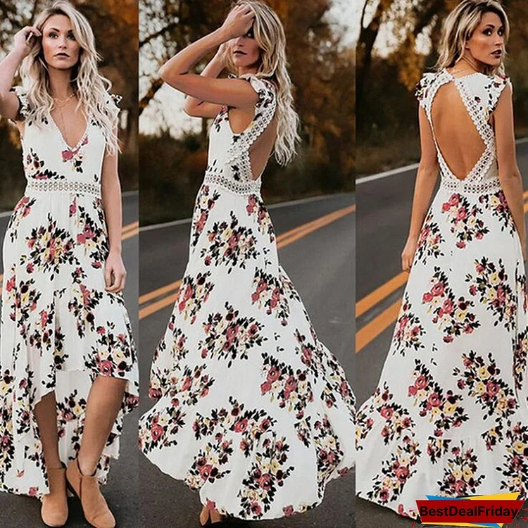 Maxi Irregular Boho Dress Summer Floral Print Sexy V-Neck Hem Dresses Holiday Bohemia Long Women Dress