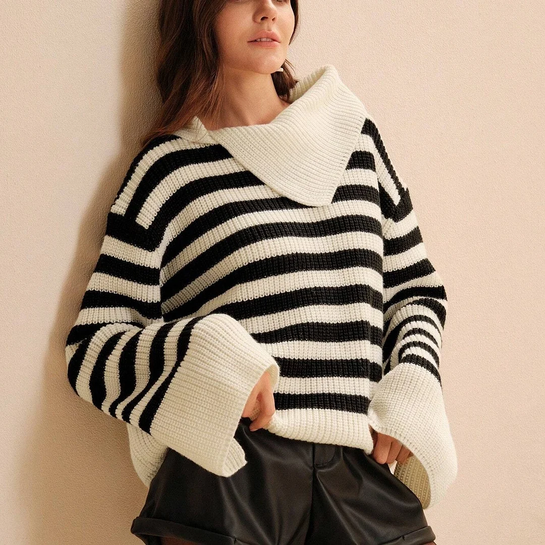 Nigikala Nigikala 2025 New Fashion Stripe Jersey Casual Loose Long-Sleeved Women's Sweater