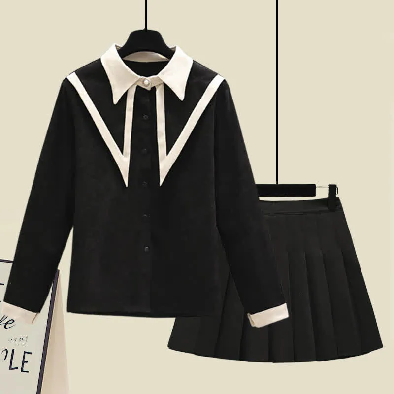 Lapel Shirt Pleated Skirt Two Piece Set