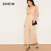 SHEIN Khaki Twist Cutout Front Wide Leg Halter Sleeveless Jumpsuit Women Mid Waist Wide Leg Highstreet Summer Slim Jumpsuits