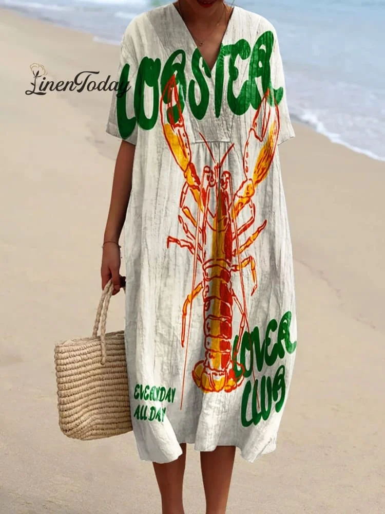 Women's Vintage Lobster Art Print Flowy Dress