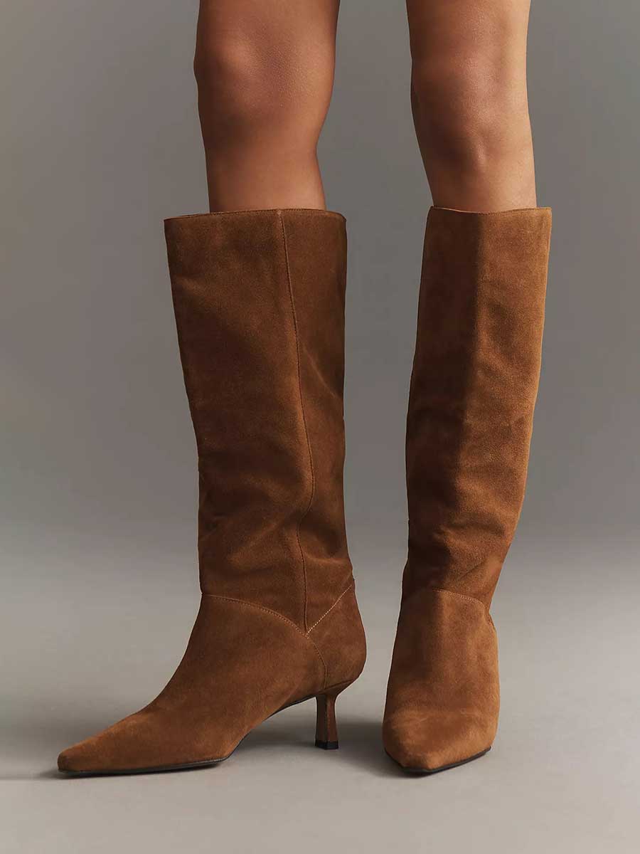 Brown Vegan Suede Wide Calf Pull-On Kitten Heel Boots for Women