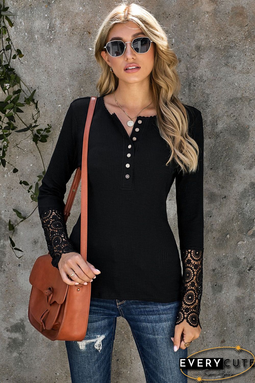 Black Crochet Lace Hem Sleeve Button Top