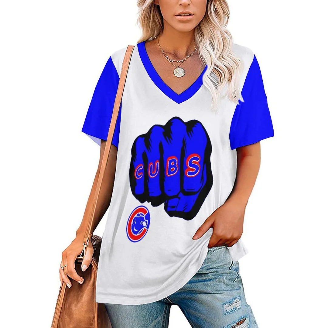 V-neck Short Sleeve Casual T-shirt for  Women Printed with Pattern,Blue,Red