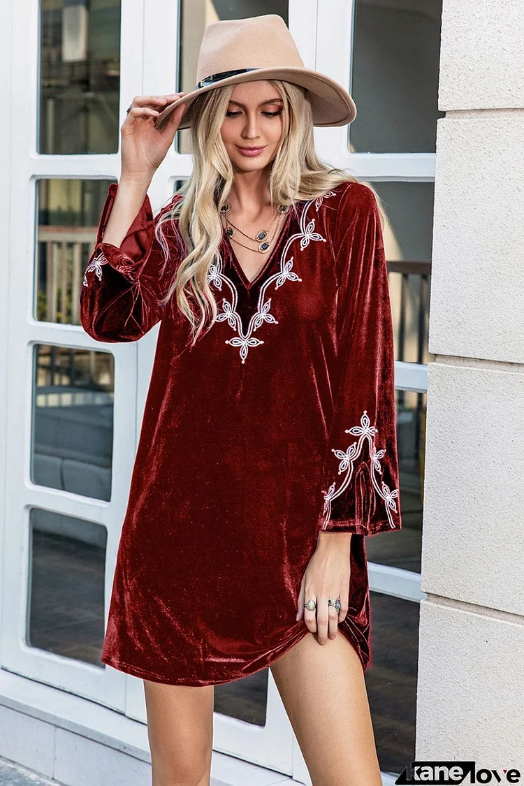 V-Neck Long Sleeve Mini Dress