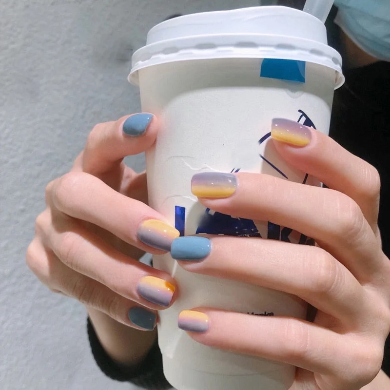 24pcs French False Nails Gradient Hit Color Fake Nail Press On Nail Manicure Nail Art Decoration Fullcover Tips With Glue-Nail Inspo