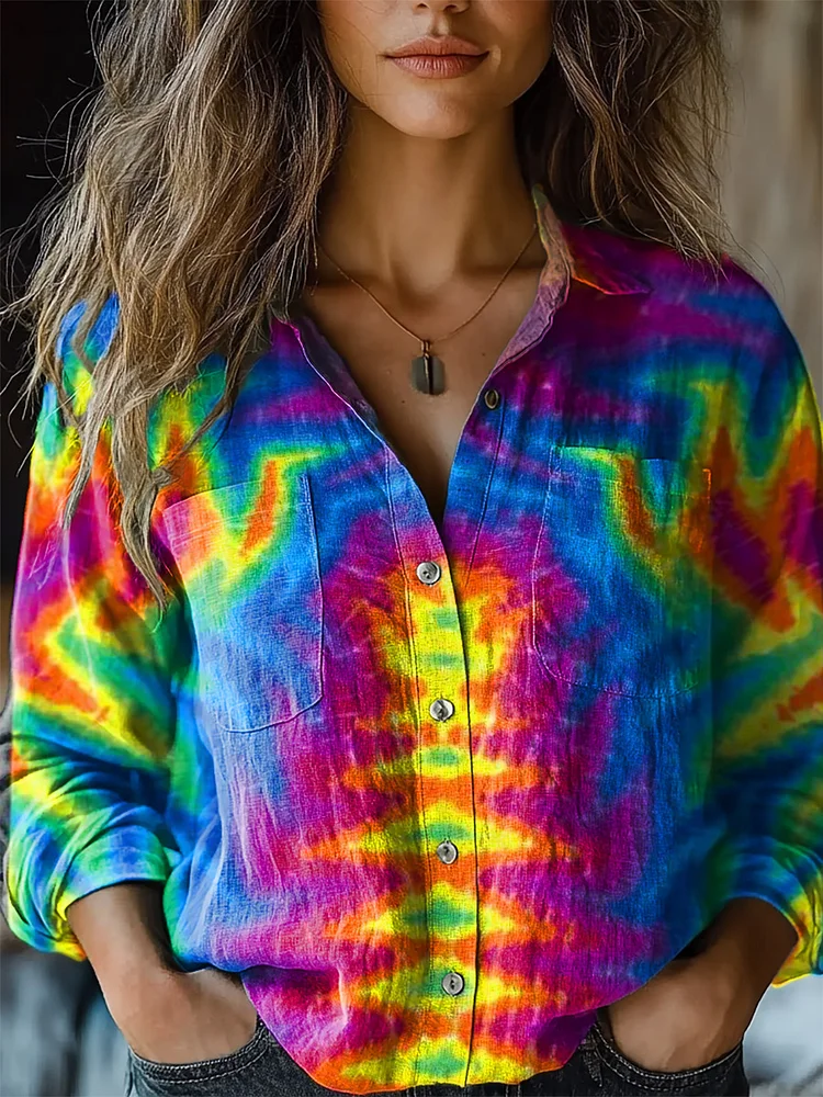 Women's Trippy Tie Dye Kaleidoscope Print Casual Long Sleeve Comfortable Cotton Shirt