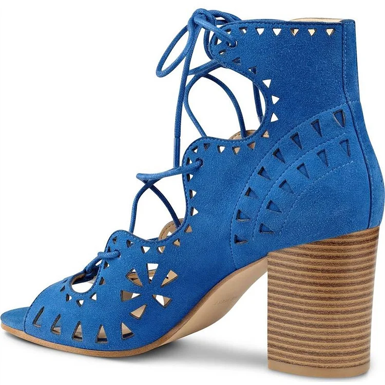 Blue Hollow Out Lace Up Block Heel Sandals Vdcoo