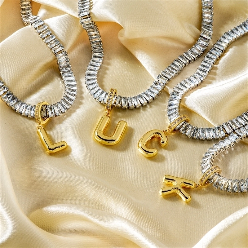 Copper K Gold Plated Inlay Letter Zircon Pendant Necklace