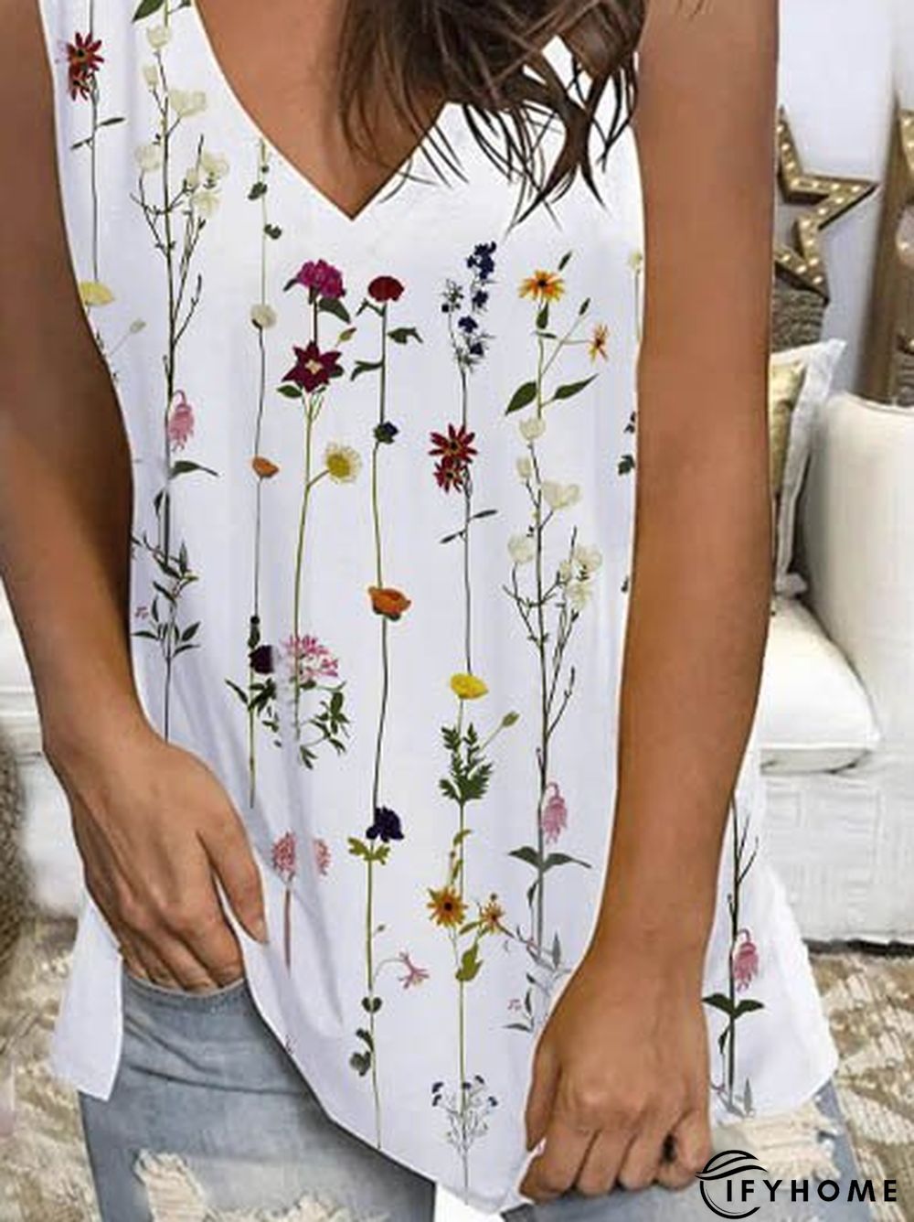Shift Floral Sleeveless V Neck Tanks & Camis | IFYHOME