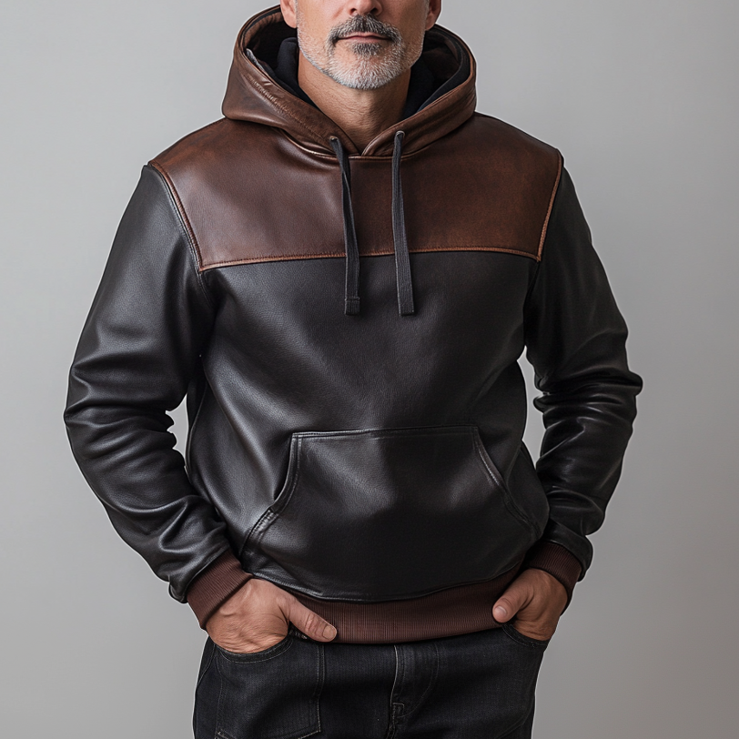 Men's PU Leather Color Block Drawstring Pocket Hoodie
