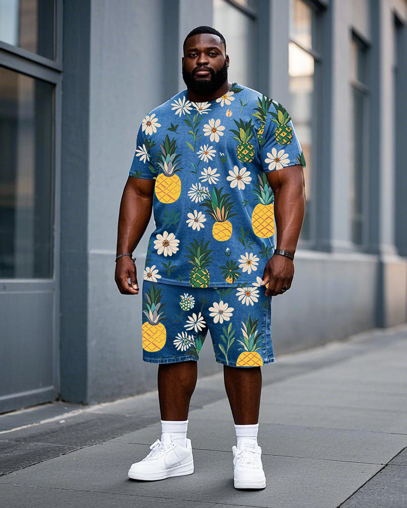 Big Men's Washed Denim Pineapple and Flower Printed Hawaiian Short Sleeve T-shirt Shorts Set