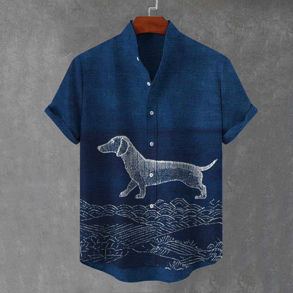 Men's Vintage Japanese Sashiko Dachshund Art Linen Shirt  artssus
