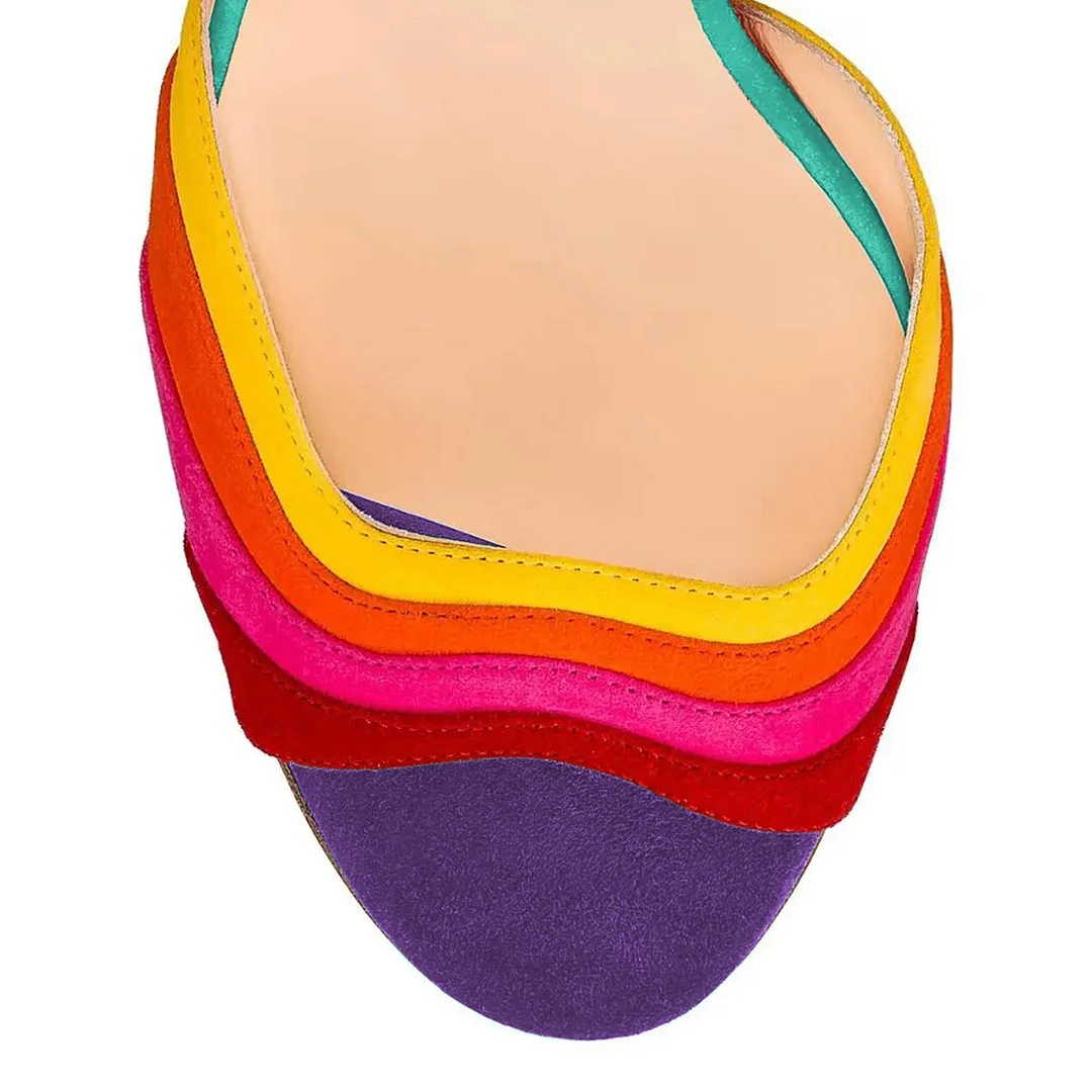 Rainbow Color Buckle Fastening Ankle Strap Decorative Heel Sandals