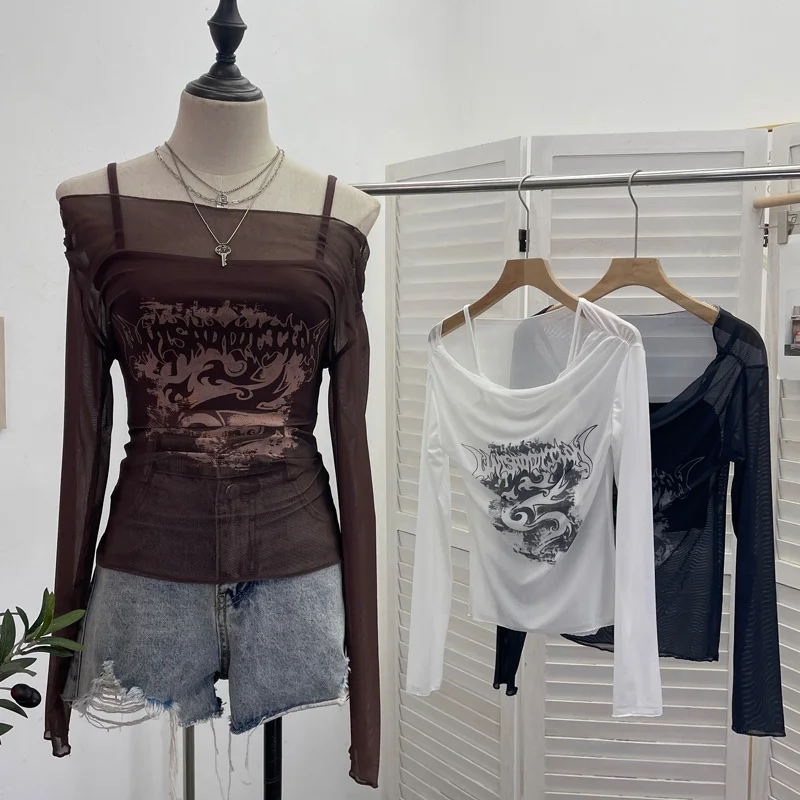 Churchf Real Shooting Spice Girls Shoulder Mesh Sun Hooded Sling Sling Long-Sleeved T-Shirt Top Two Sets Of Women 8862