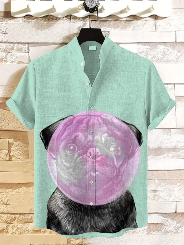 Men's Bubble Gum Popped On Black Pug Print Linen Blend Shirt
