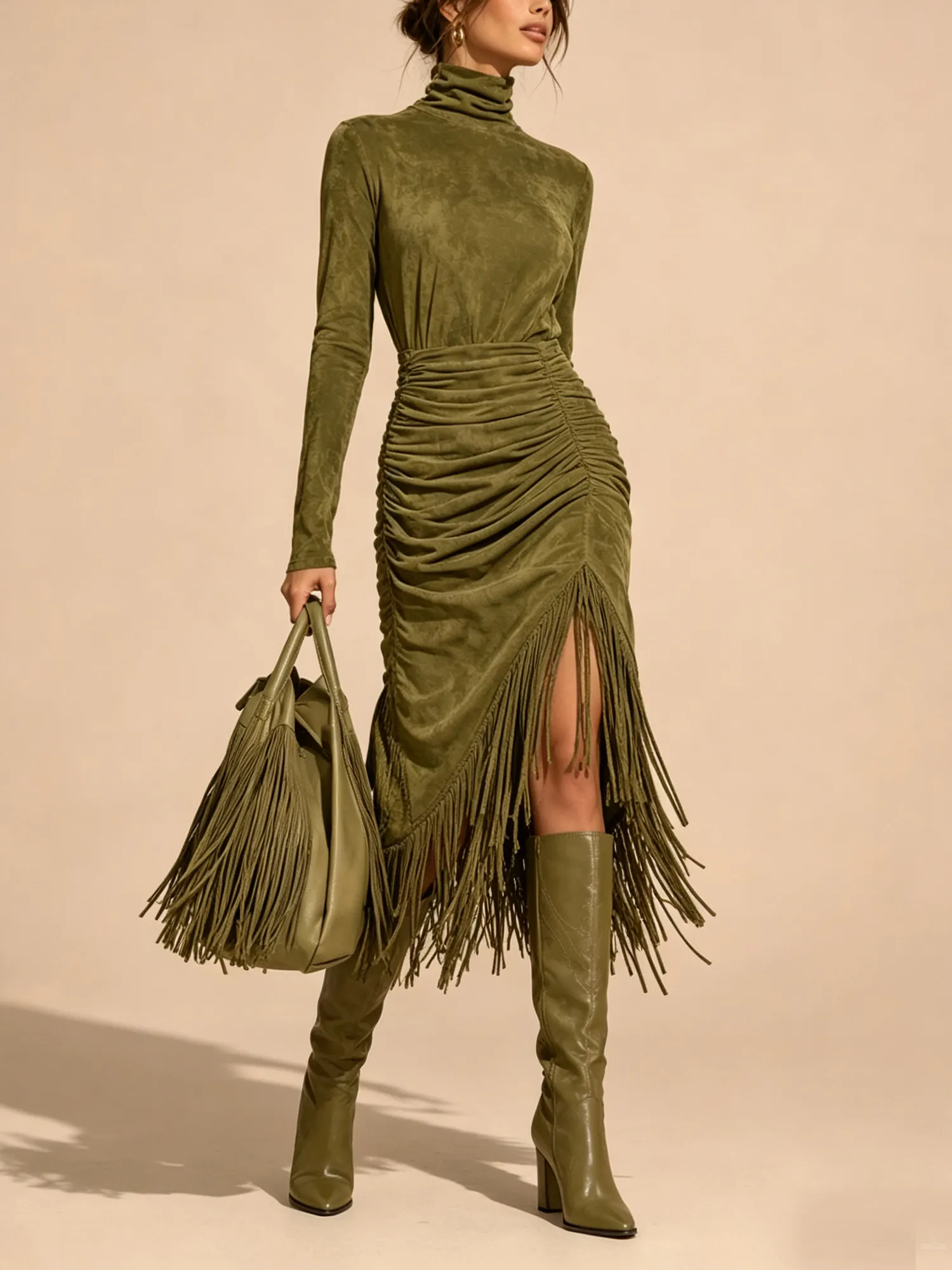 Western Dress &mdash; Olive Green Mock Neck Long Sleeve Ruched Fringe Suede Dress Maxi Dress