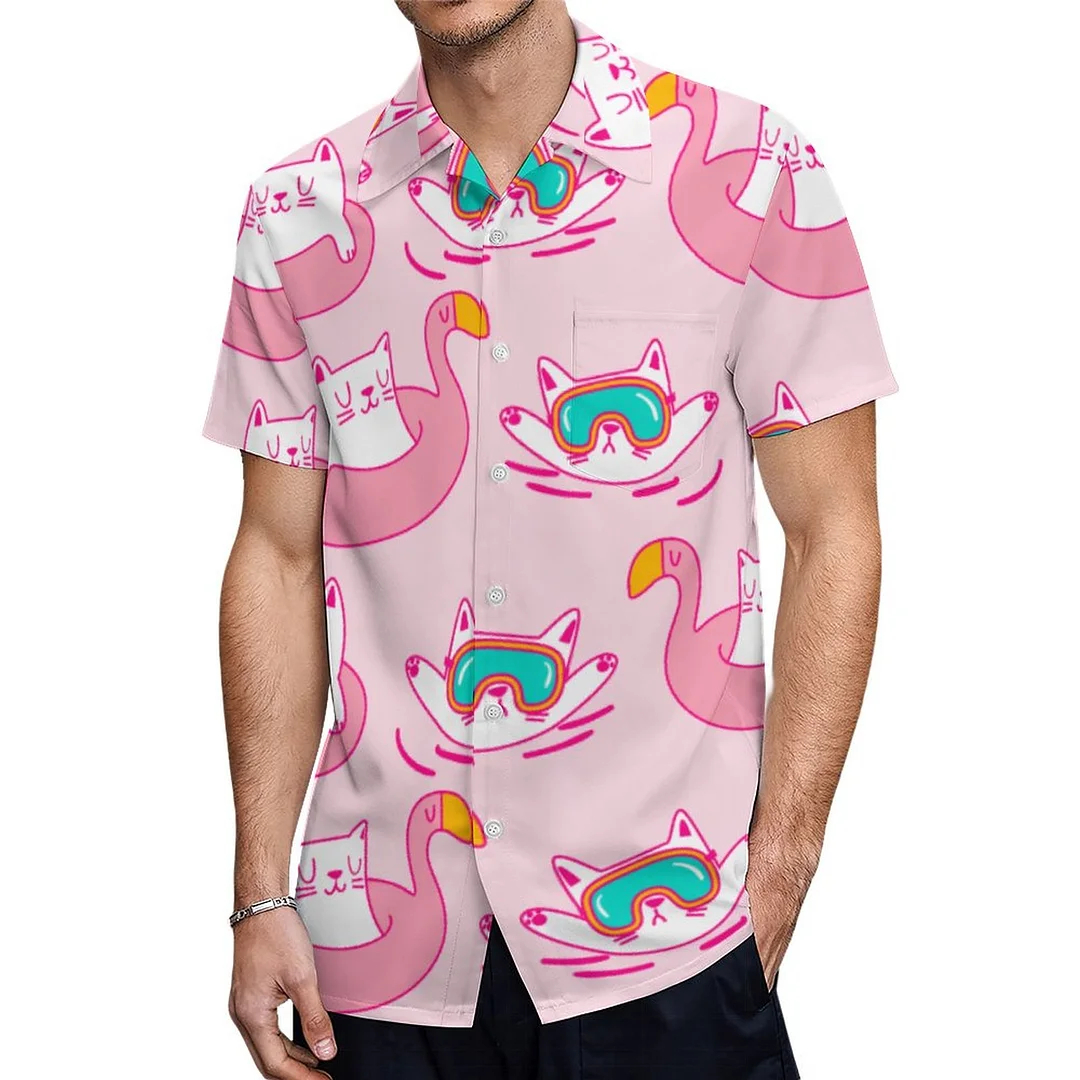 Short Sleeve Hand Drawn Swimming Cats Hawaiian Shirt Mens Button Down Plus Size Tropical Hawaii Beach Shirts