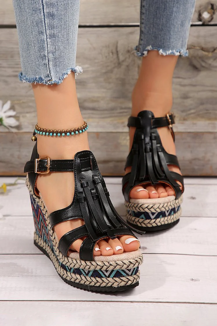 Fringe Decor Cutout Peep Toe Platform Wedge Sandals