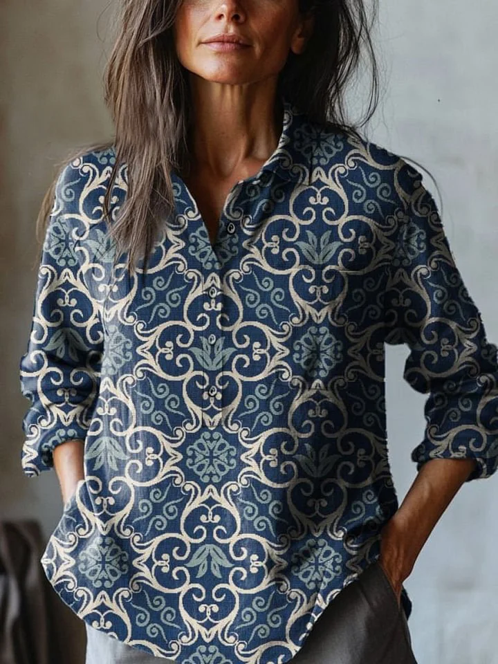 Ethnic Style Repeat Pattern Printed Women's Casual Cotton And Linen Shirt