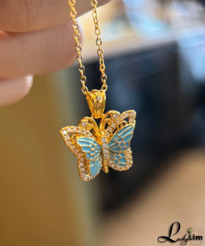 Fine Blue Ancient Dharma Gold Zircon Butterfly Pendant Necklace