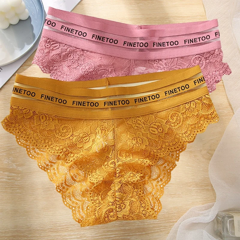 FINETOO 2PCS/Set L-XXL Floral Lace Women Panties High Waist  Sexy Lace Underwear Woman Letter Lingerie Female Seamless Briefs