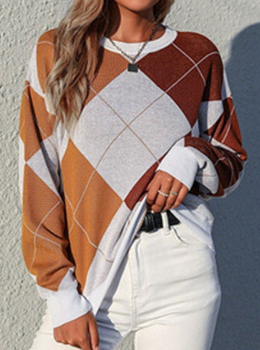 Fashion Rhombus Round Neck Long Sleeve Casual Pullover | EGEMISS