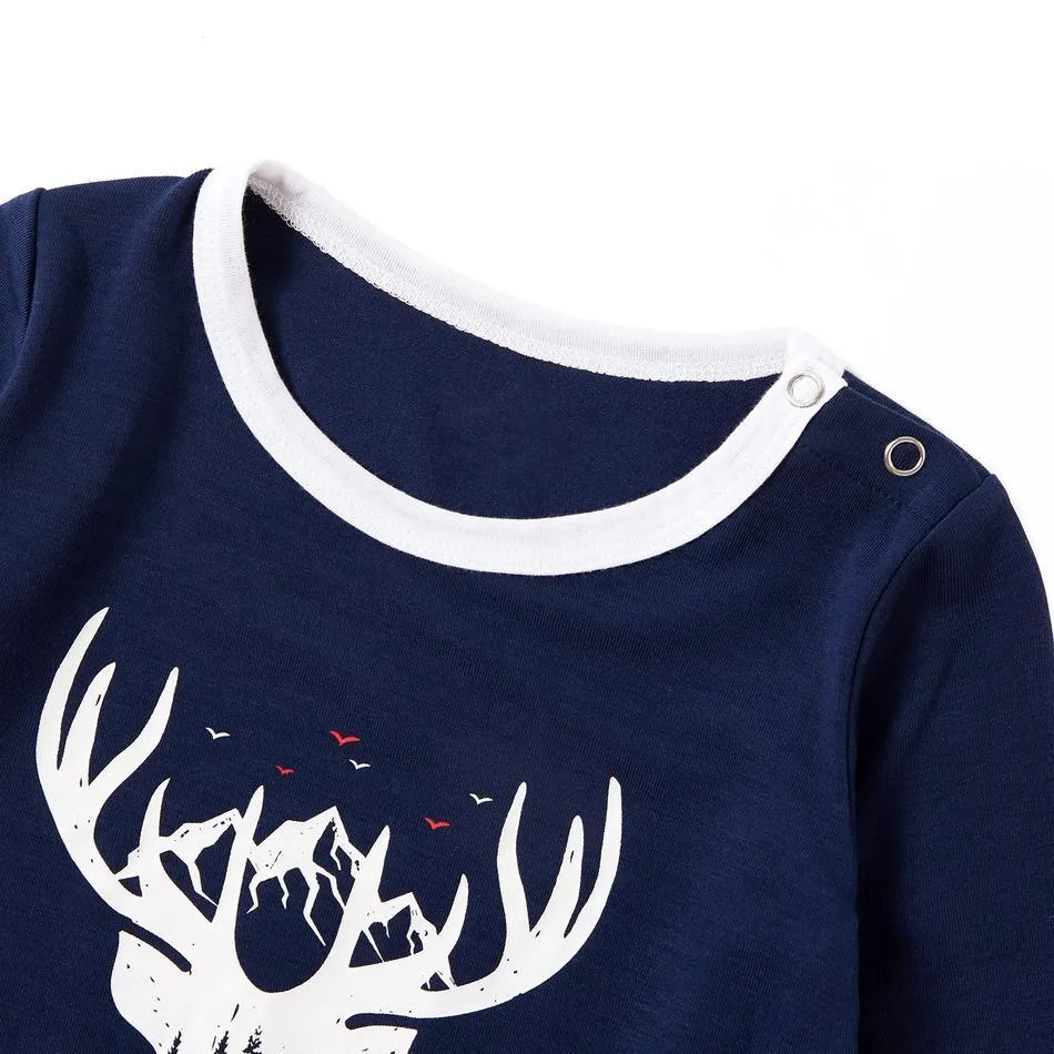 Family Matching Antler Print Top and Striped Pants Christmas Pajamas Set
