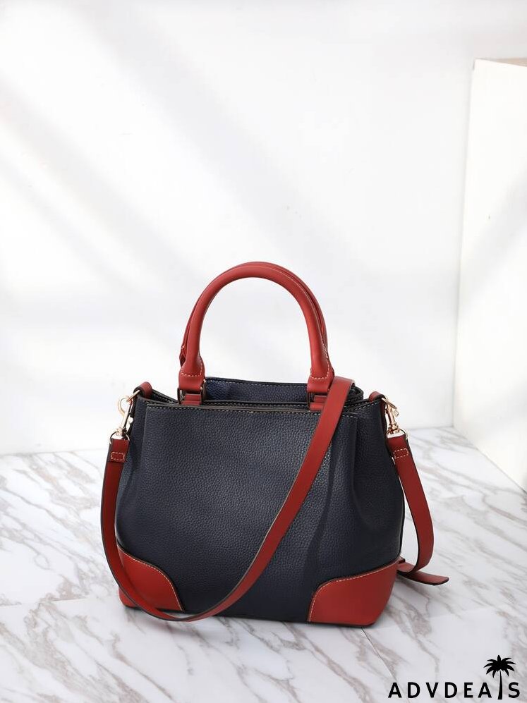 Colorblock Pattern Stitch Trim Tote Bag