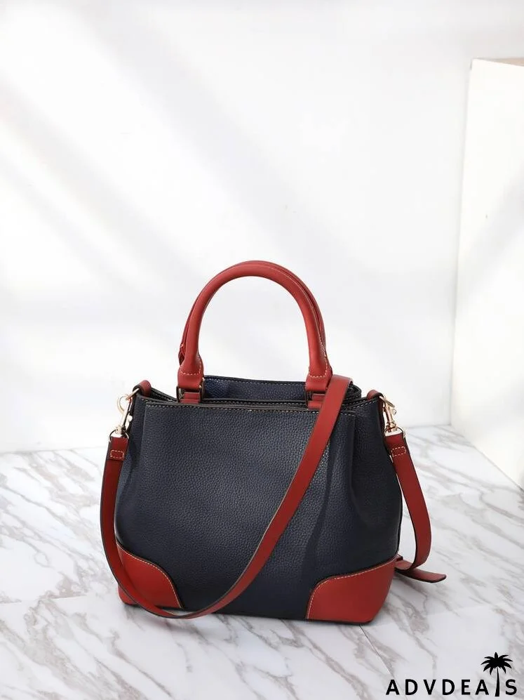 Colorblock Pattern Stitch Trim Tote Bag