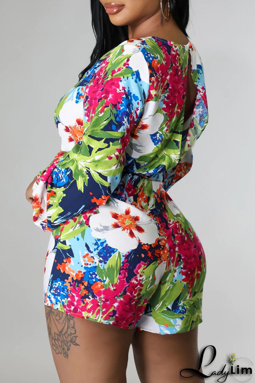 Green Simplicity Print Split Joint V Neck Straight Jumpsuits