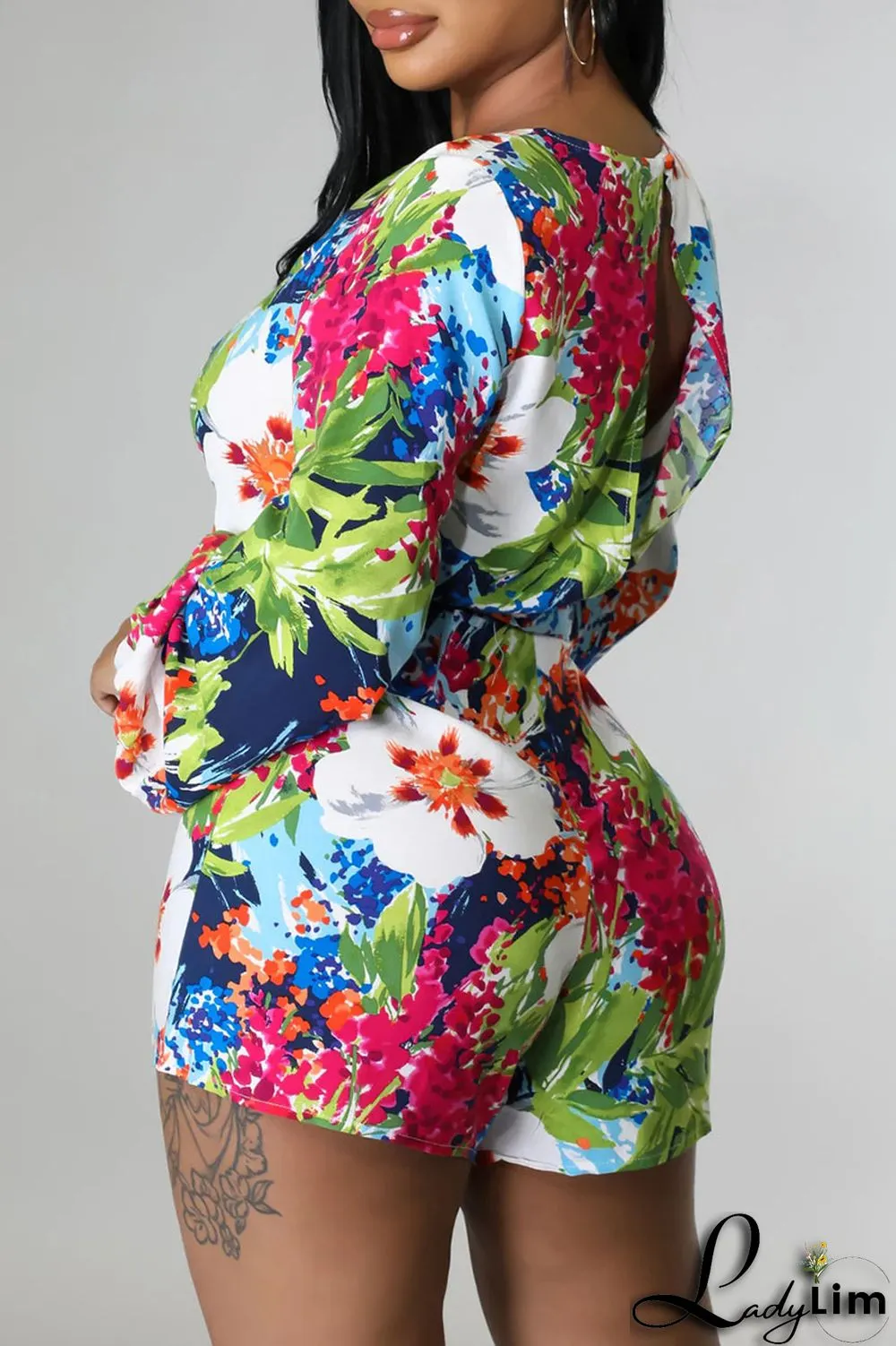 Green Simplicity Print Split Joint V Neck Straight Jumpsuits