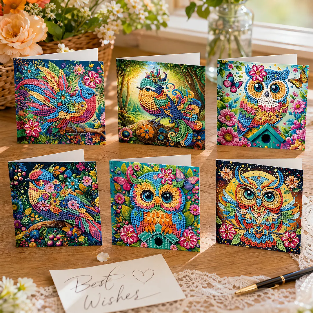 6pcs Birds and Owls DIY Diamond Painting Greeting Card Kits with Envelopes Diamond Art Greeting Cards Diamond Art Cards Kits for Adults DIY Crafts Family Friend Gifts