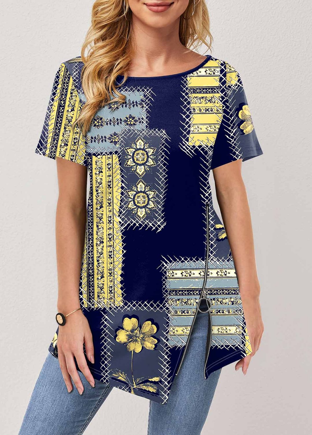 Asymmetric Hem Navy Blue Floral Print T Shirt