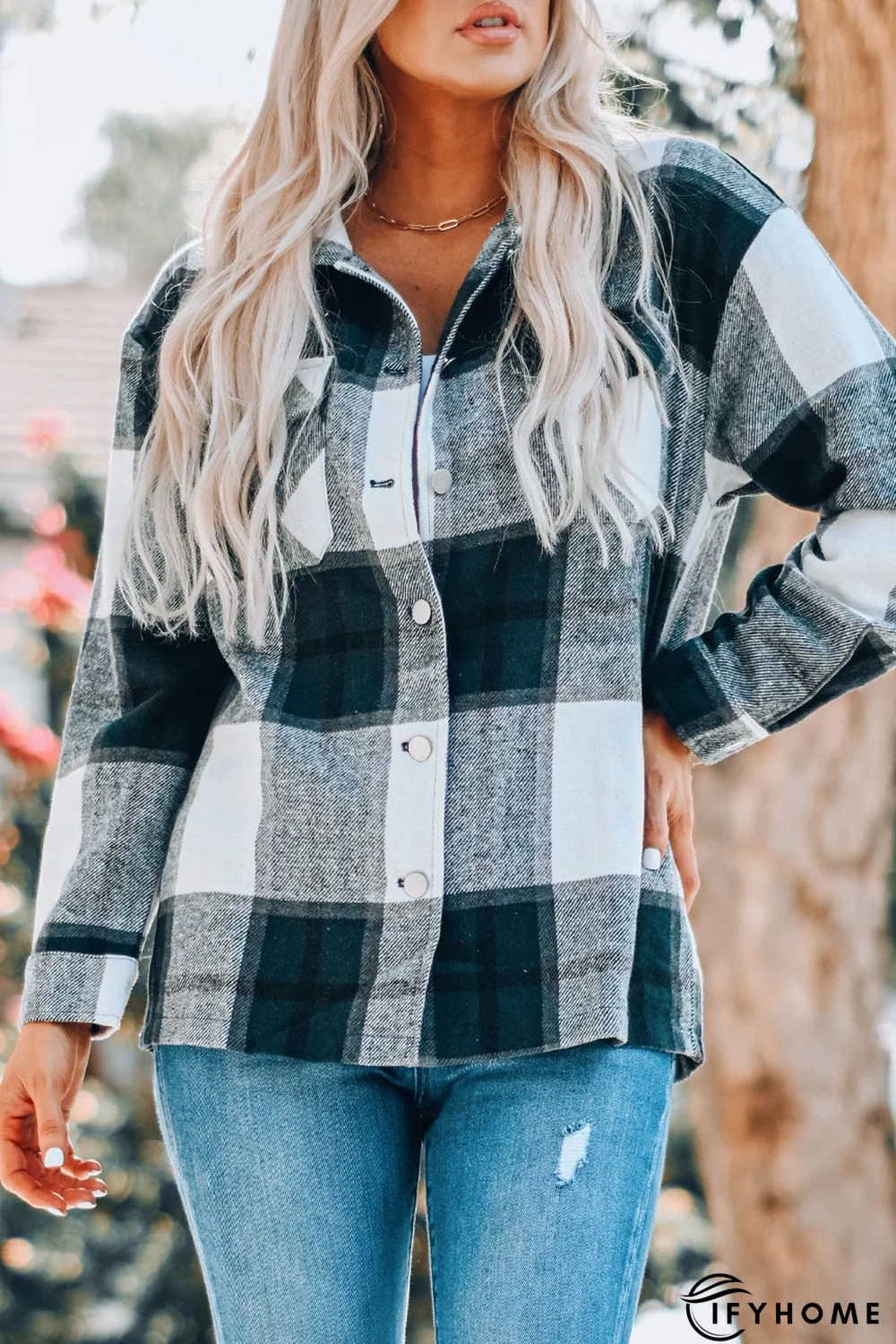 Green Plaid Print Buttoned Shirt Coat with Pocket | IFYHOME