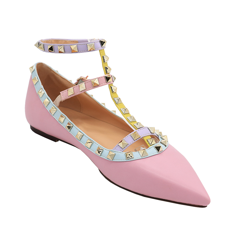 Women's Flats With Double Buckles Fashion Sexy Rivets Rockstud Daily Pointed Toe Ballet Matte Shoes-vocosishoes